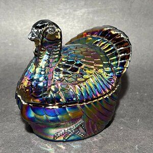 Vtg Imperial Nesting Turkey Dish 149 Purple Peacock Carnival Glass Amethyst 60s